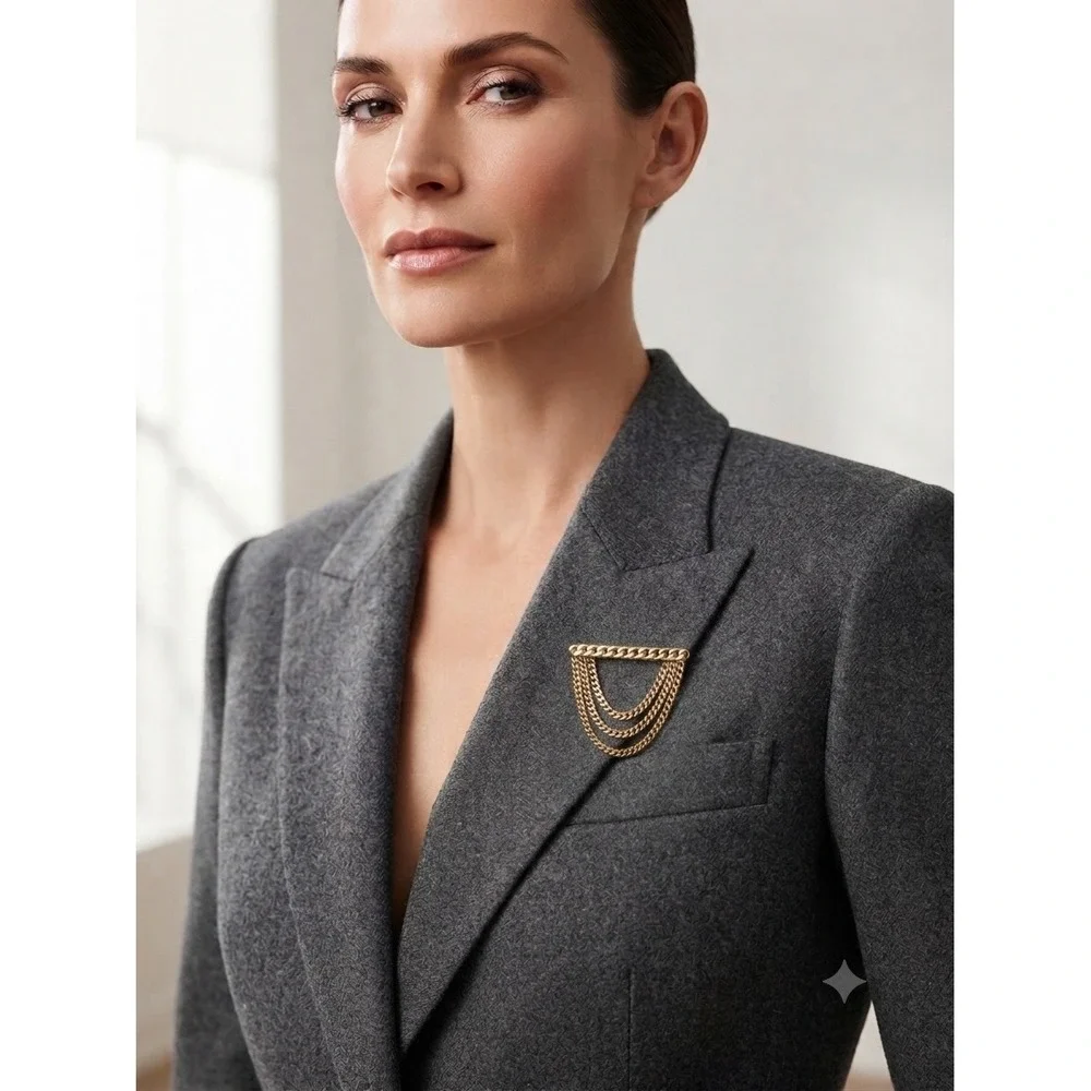 Gold Tone Triple Tier Curb Chain Swag Brooch Statement Lapel Pin